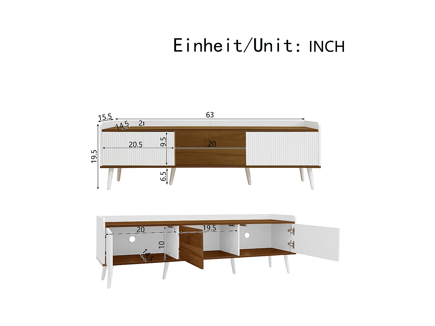 Meuble TV moderne - 160 x 39 x 49.5 cm - avec 3 portes - MDF + aggloméré - naturel + blanc