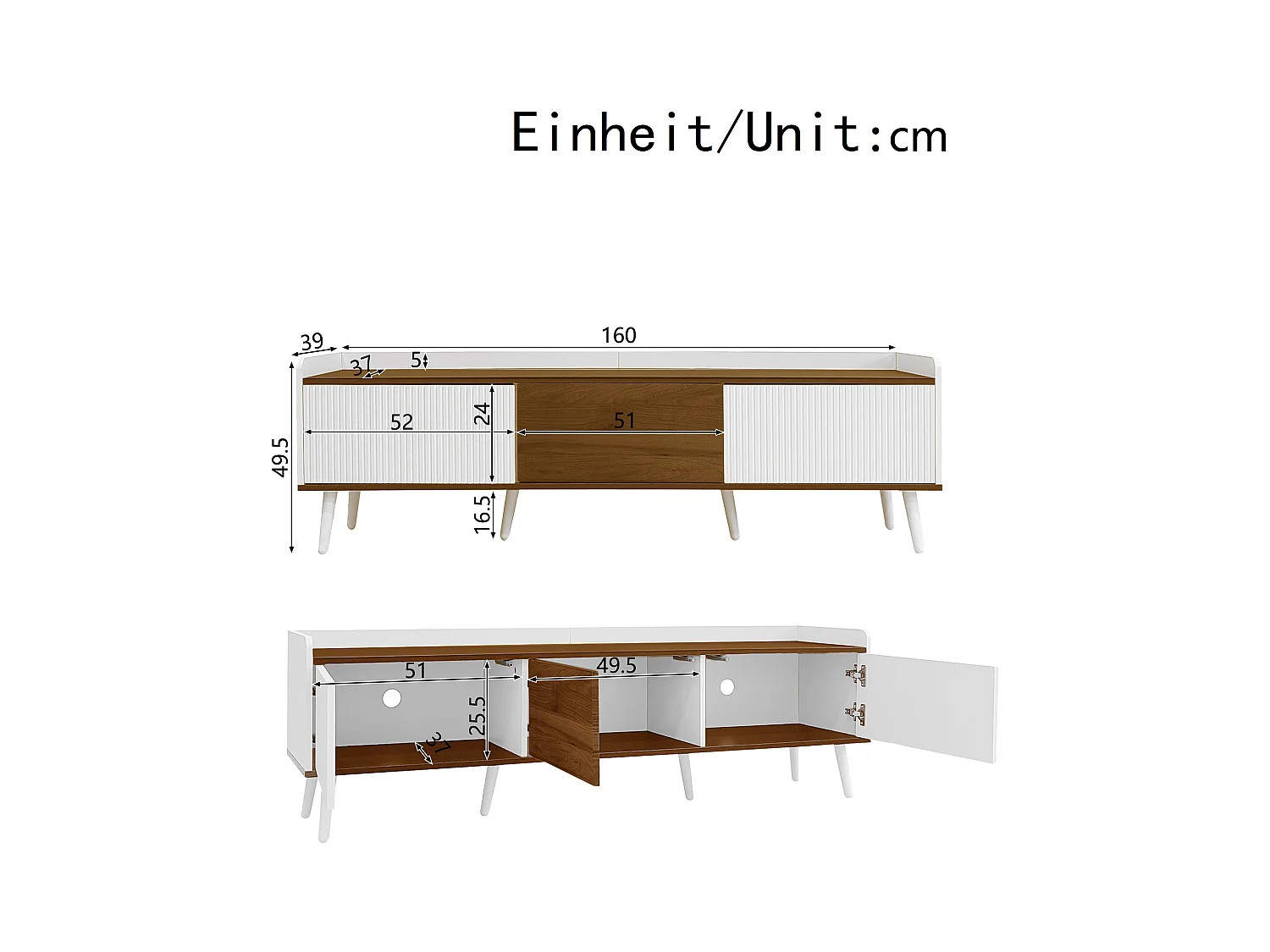 Meuble TV moderne - 160 x 39 x 49.5 cm - avec 3 portes - MDF + aggloméré - naturel + blanc