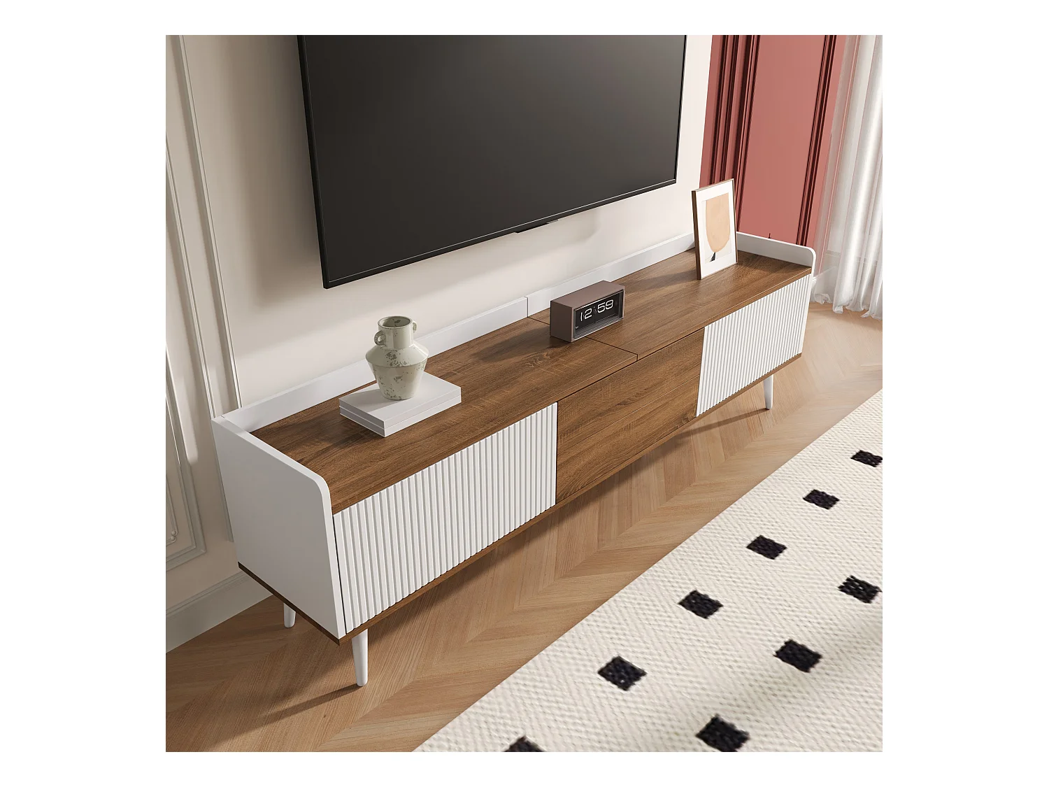 Meuble TV moderne - 160 x 39 x 49.5 cm - avec 3 portes - MDF + aggloméré - naturel + blanc