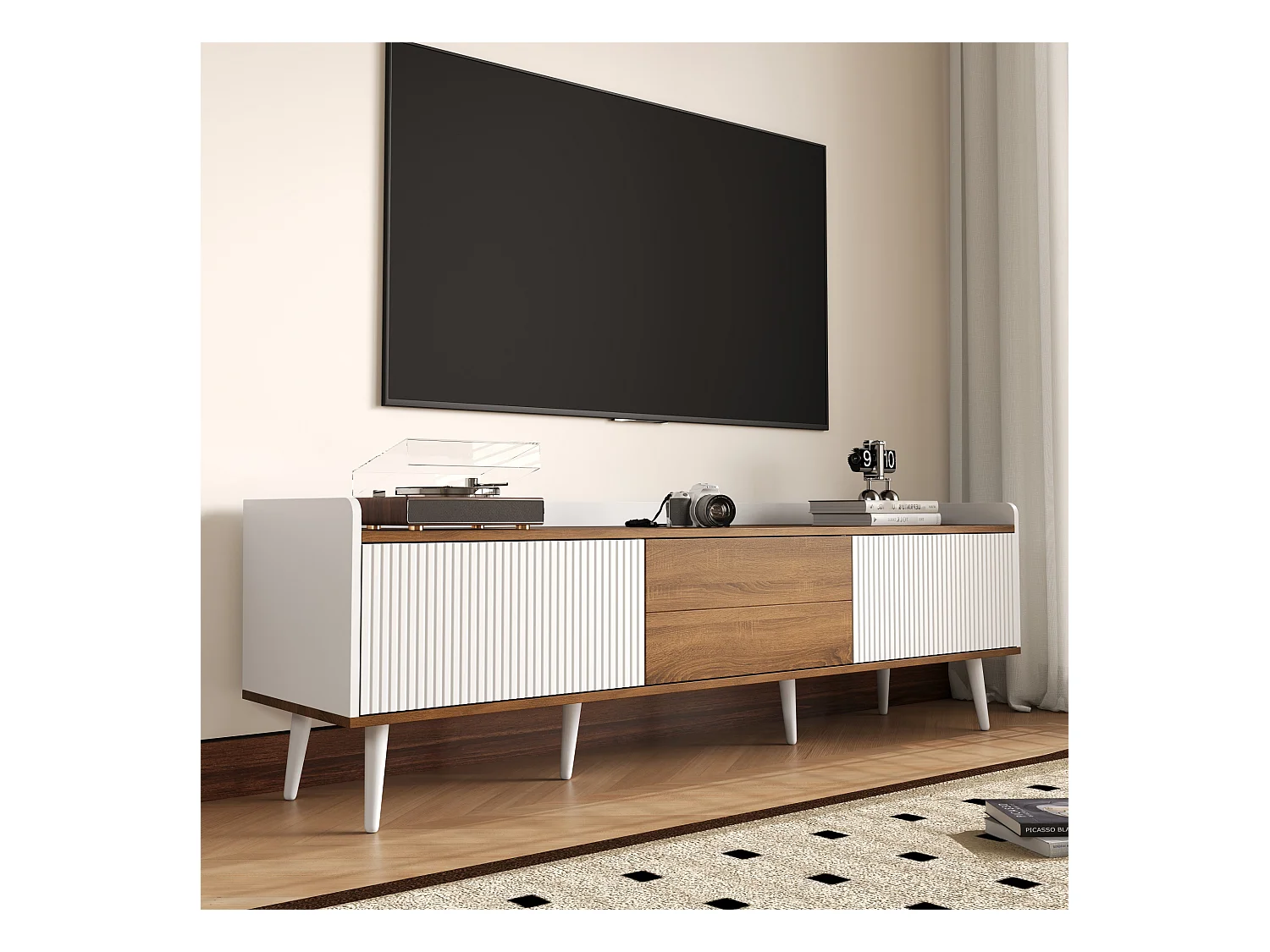 Meuble TV moderne - 160 x 39 x 49.5 cm - avec 3 portes - MDF + aggloméré - naturel + blanc