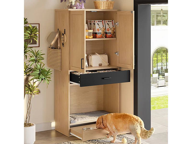 Huisdiermeubel - 79 x 40 x 160 cm - met voerbak + mand + opbergruimte en haken - spaanplaat - naturel