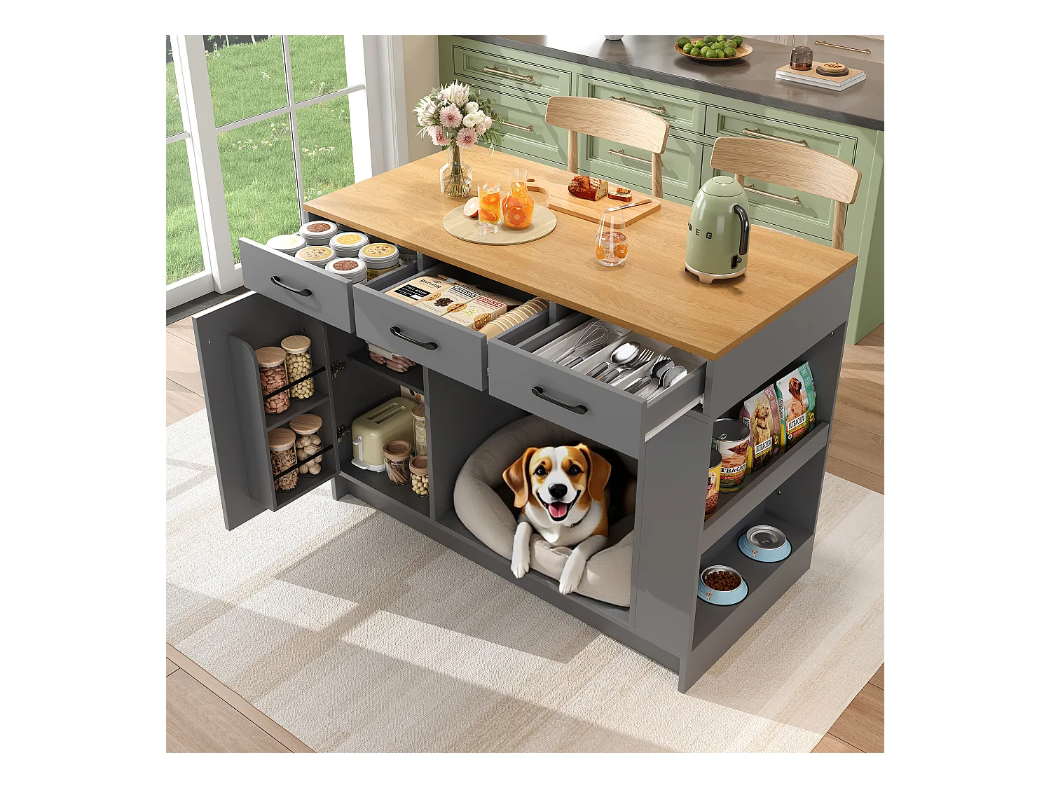 Îlot central cuisine - 120 x 60 x 90 cm - avec 3 tiroirs + 1 porte + espace pour animaux - MDF - gris