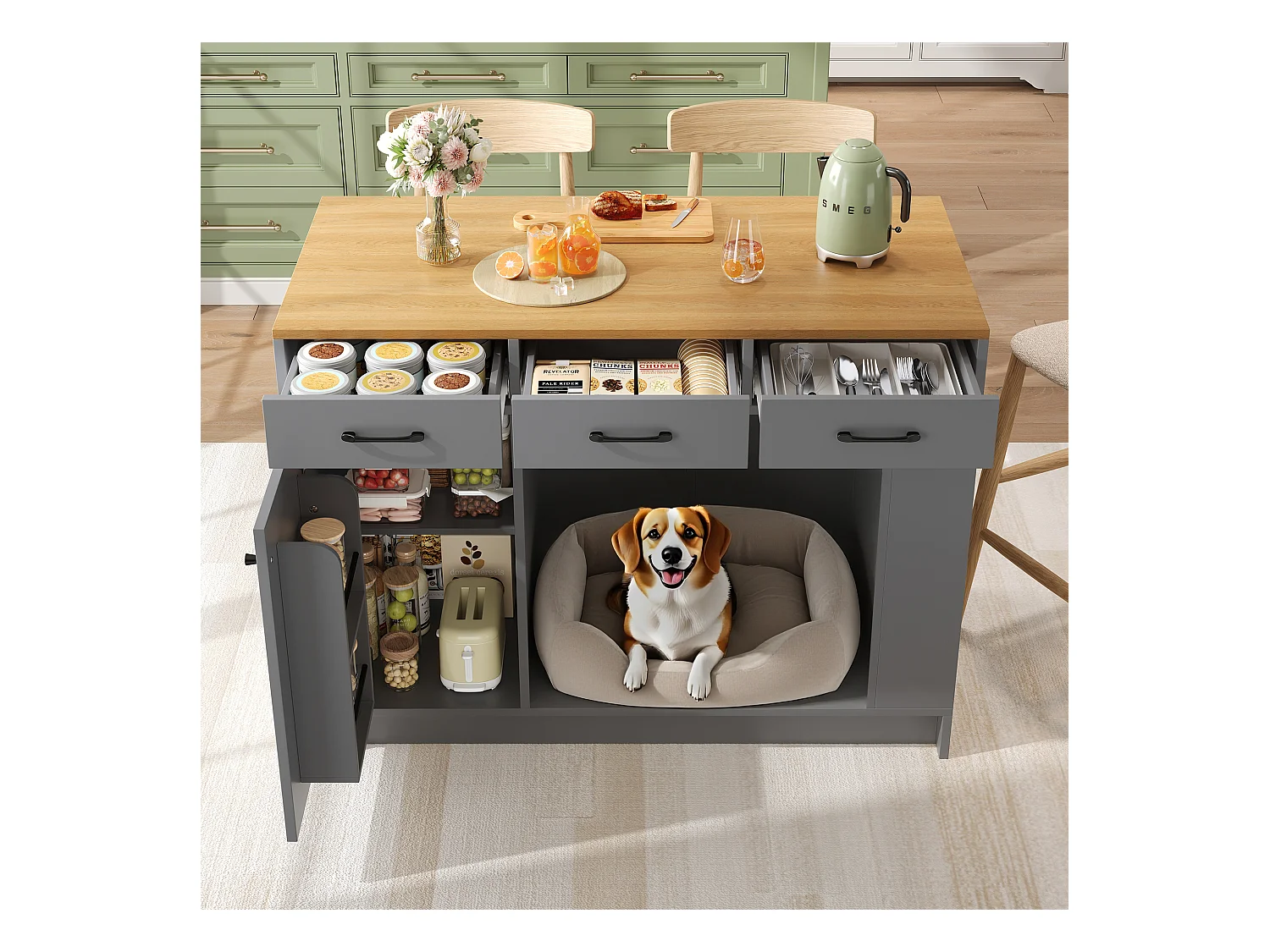 Îlot central cuisine - 120 x 60 x 90 cm - avec 3 tiroirs + 1 porte + espace pour animaux - MDF - gris