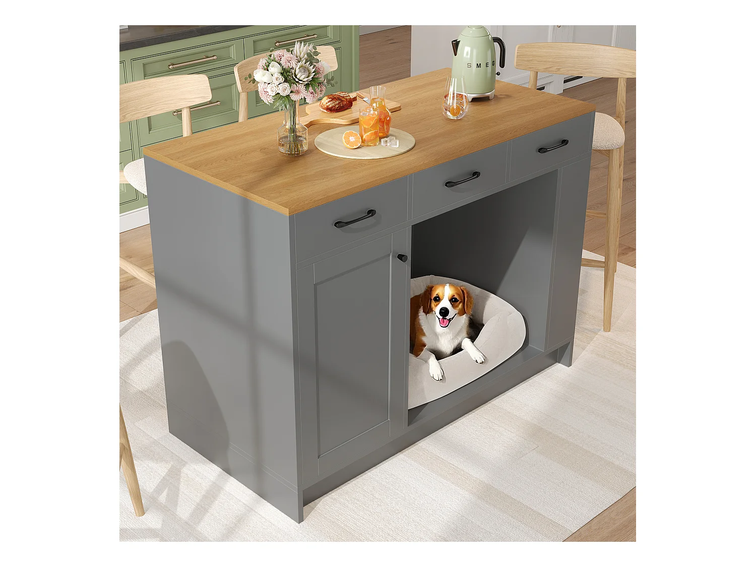 Îlot central cuisine - 120 x 60 x 90 cm - avec 3 tiroirs + 1 porte + espace pour animaux - MDF - gris