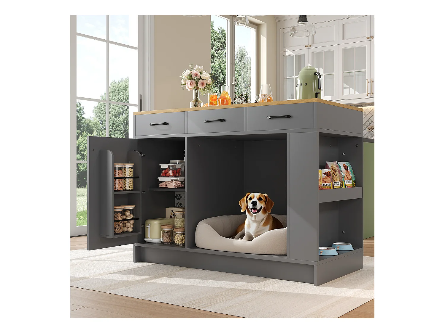 Îlot central cuisine - 120 x 60 x 90 cm - avec 3 tiroirs + 1 porte + espace pour animaux - MDF - gris