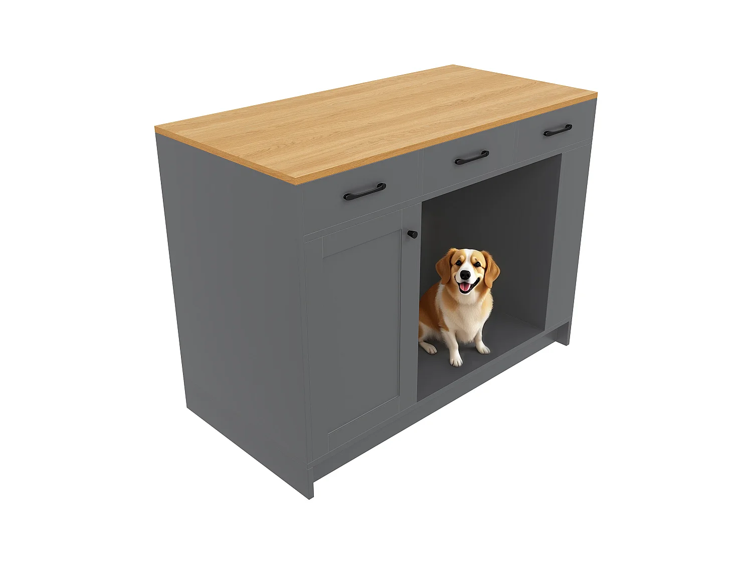 Îlot central cuisine - 120 x 60 x 90 cm - avec 3 tiroirs + 1 porte + espace pour animaux - MDF - gris