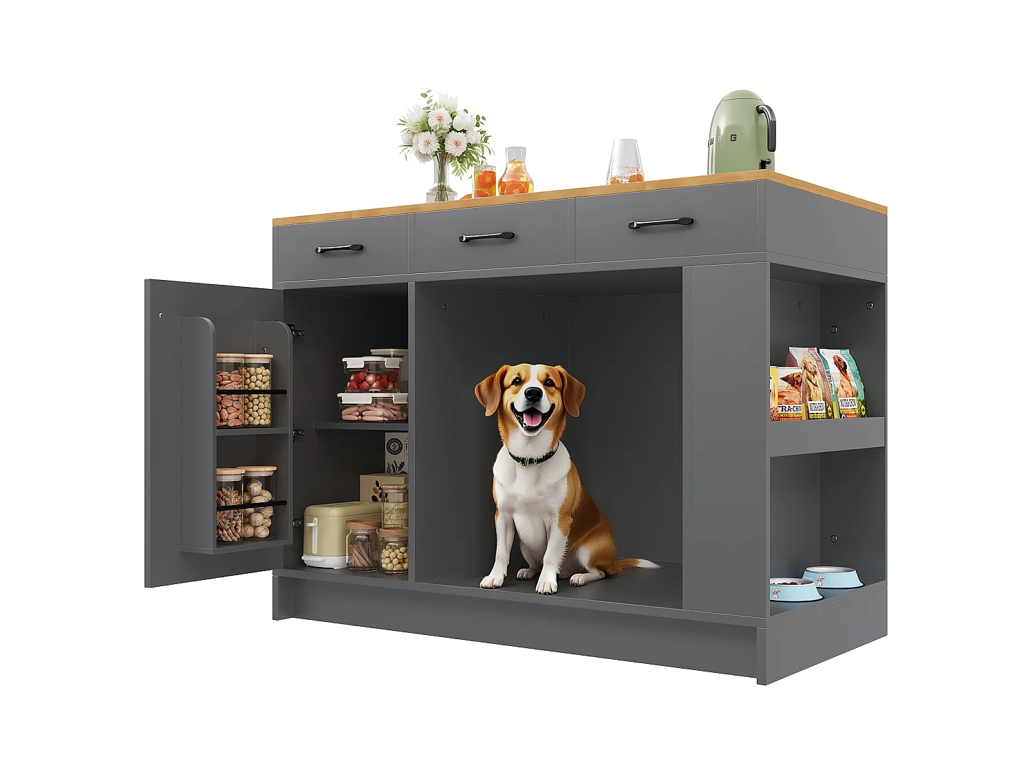 Îlot central cuisine - 120 x 60 x 90 cm - avec 3 tiroirs + 1 porte + espace pour animaux - MDF - gris