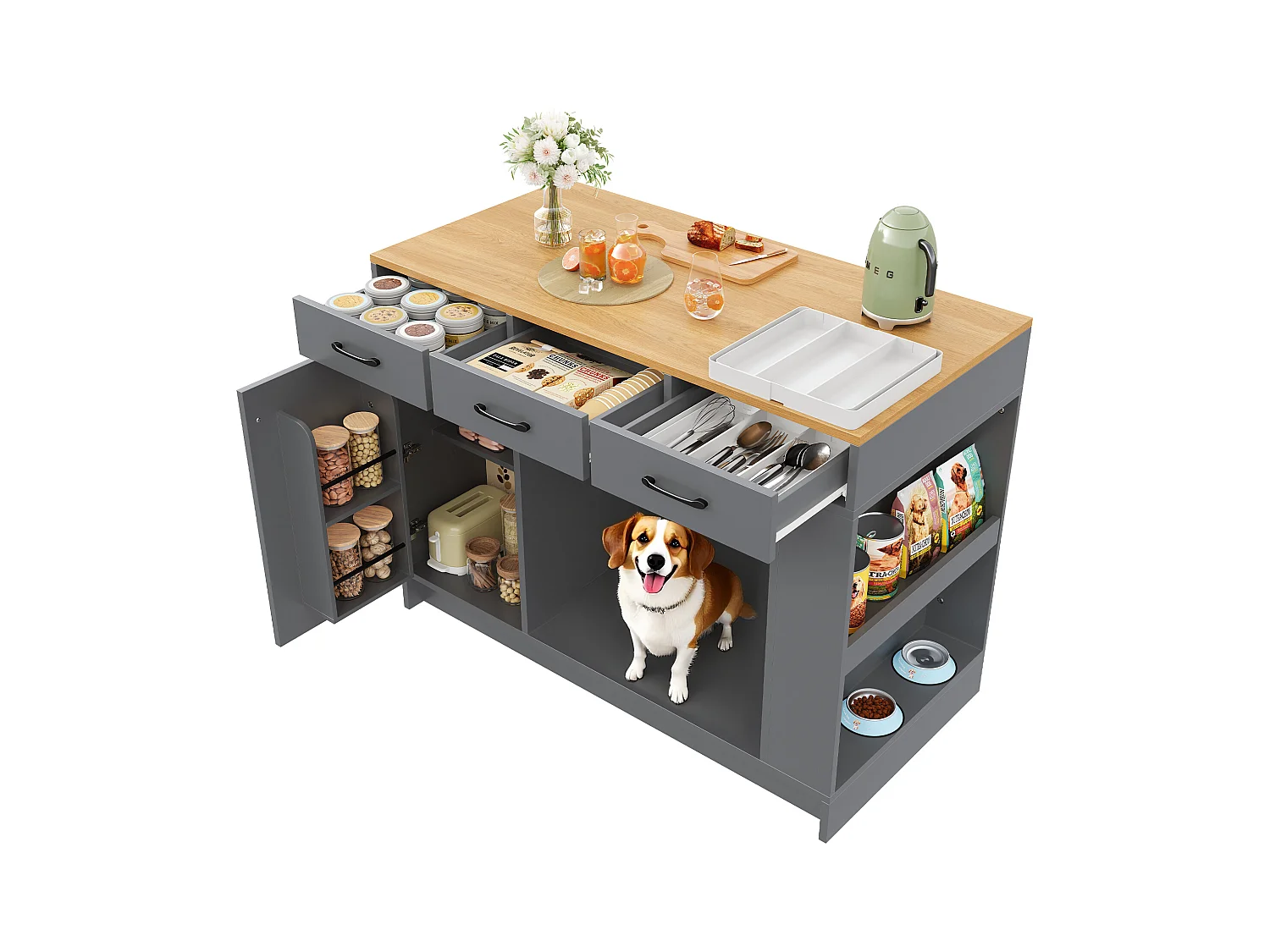 Îlot central cuisine - 120 x 60 x 90 cm - avec 3 tiroirs + 1 porte + espace pour animaux - MDF - gris