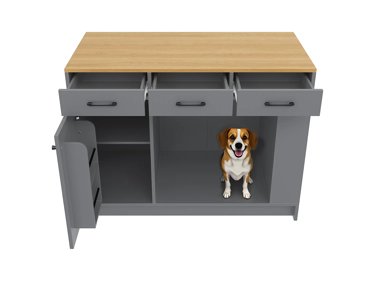 Îlot central cuisine - 120 x 60 x 90 cm - avec 3 tiroirs + 1 porte + espace pour animaux - MDF - gris