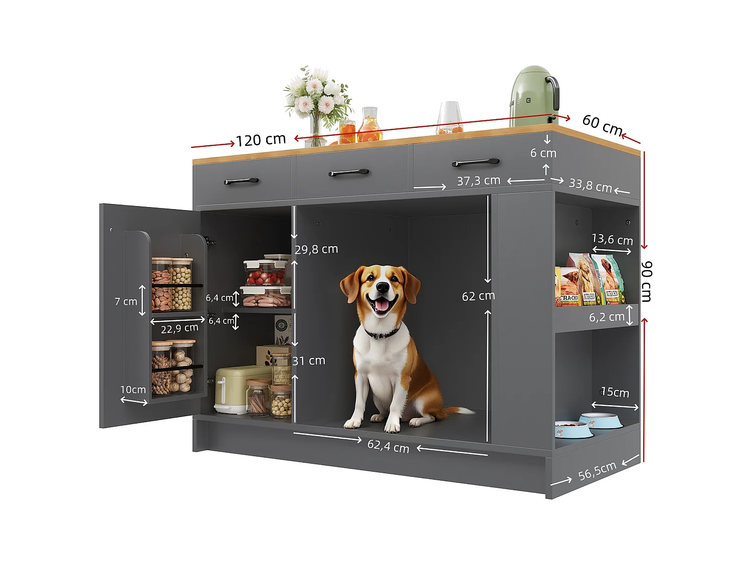 Îlot central cuisine - 120 x 60 x 90 cm - avec 3 tiroirs + 1 porte + espace pour animaux - MDF - gris