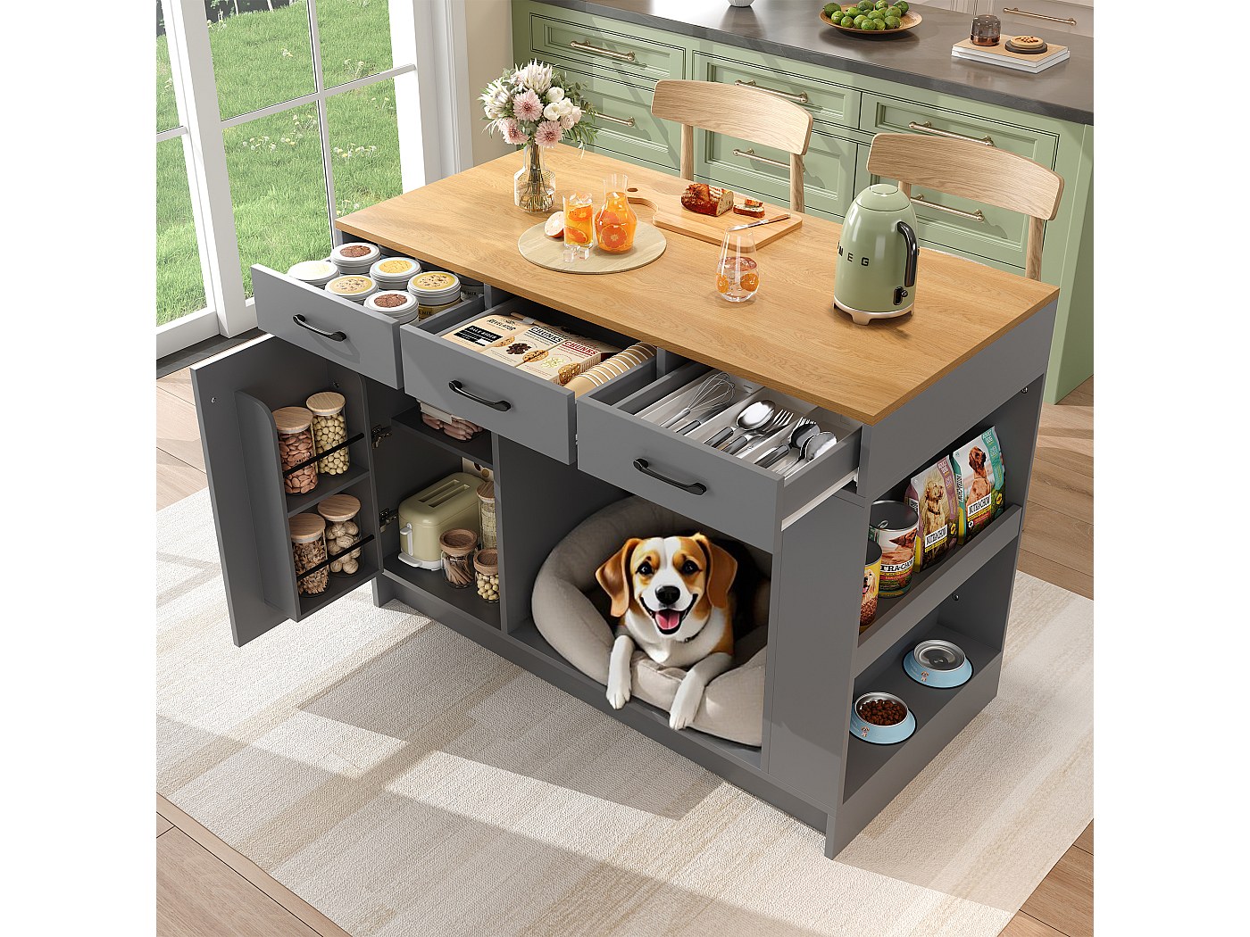 Îlot De Cuisine Mobile 120 X 73 X 92 Cm - Avec Plan De Travail Rabattable, Rangements Et Roulettes - Noir