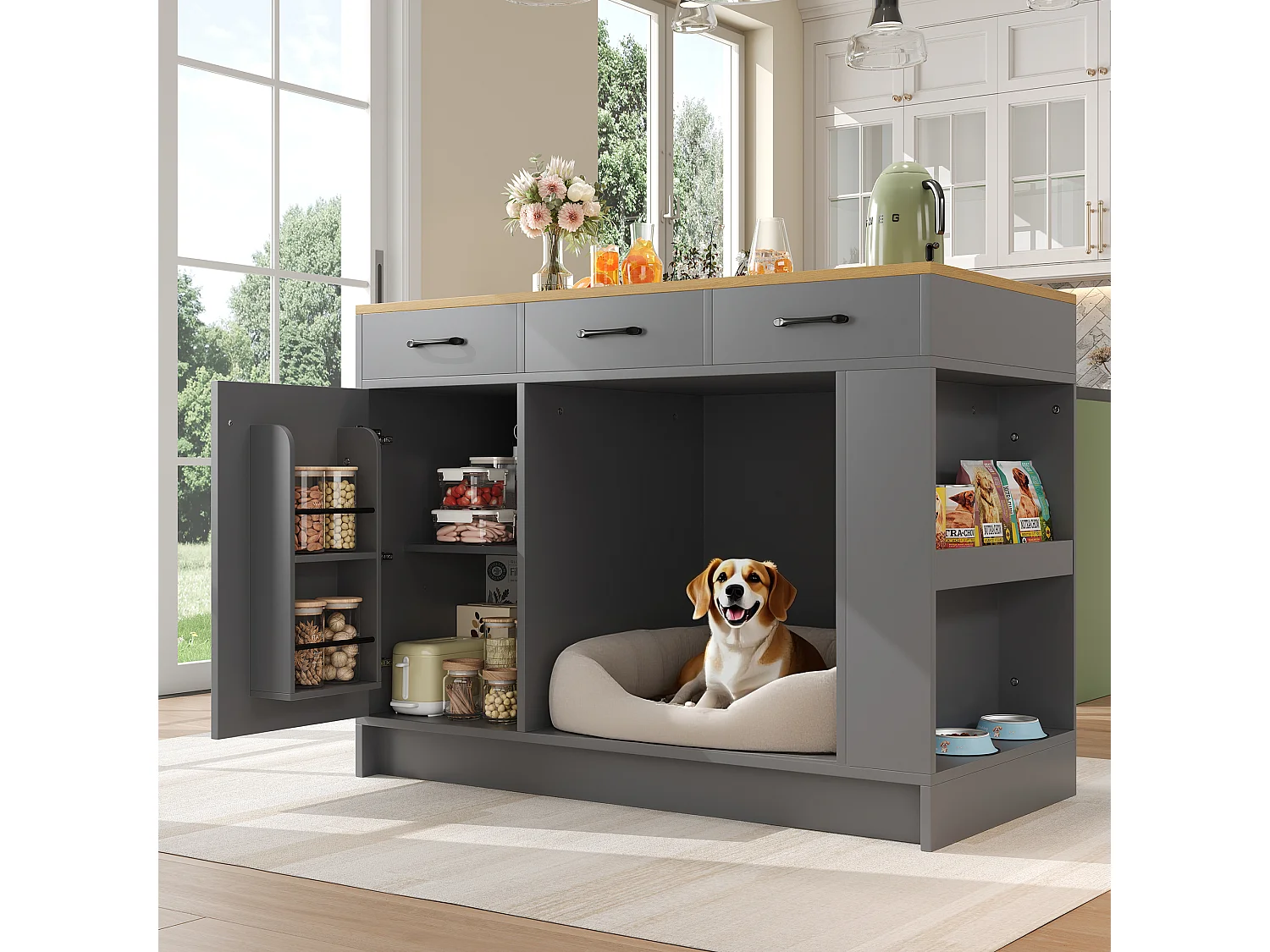 Îlot central cuisine - 120 x 60 x 90 cm - avec 3 tiroirs + 1 porte + espace pour animaux - MDF - gris