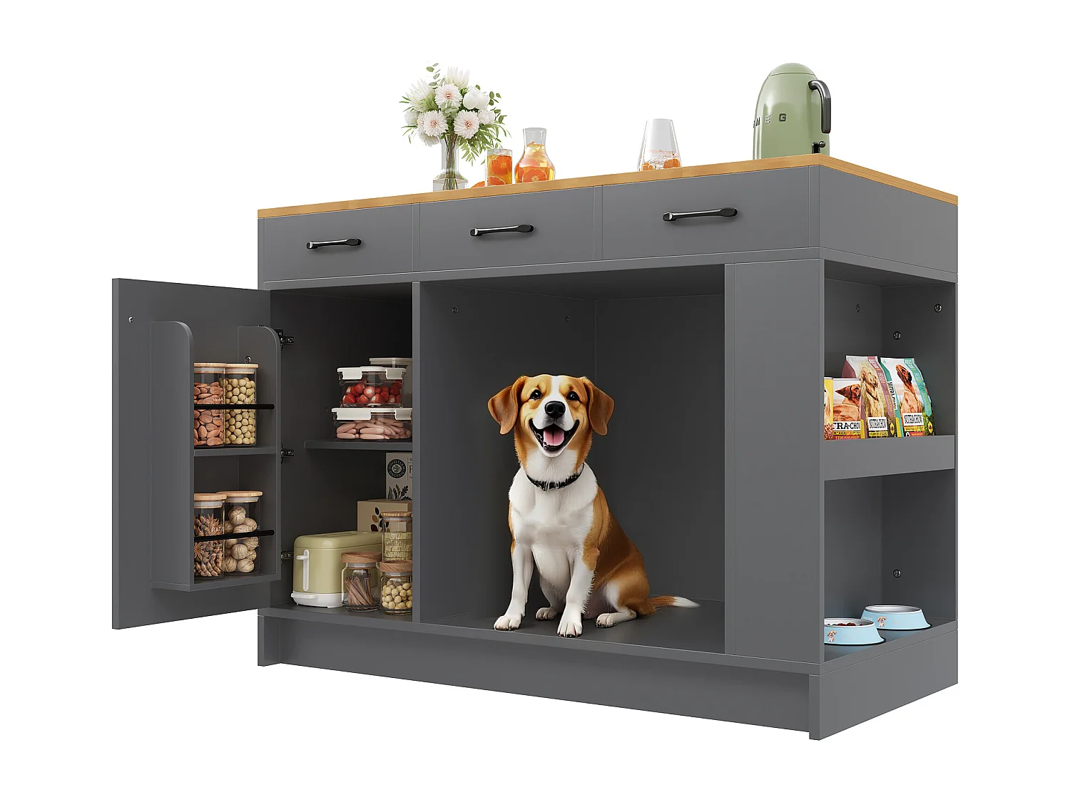 Îlot central cuisine - 120 x 60 x 90 cm - avec 3 tiroirs + 1 porte + espace pour animaux - MDF - gris