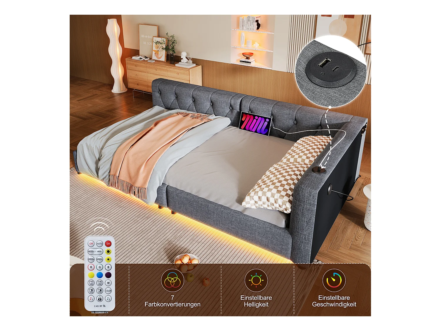 Canapé-lit enfant - 90 x 200 cm - avec sommier à lattes + Leds + tête de lit avec USB - lin - gris