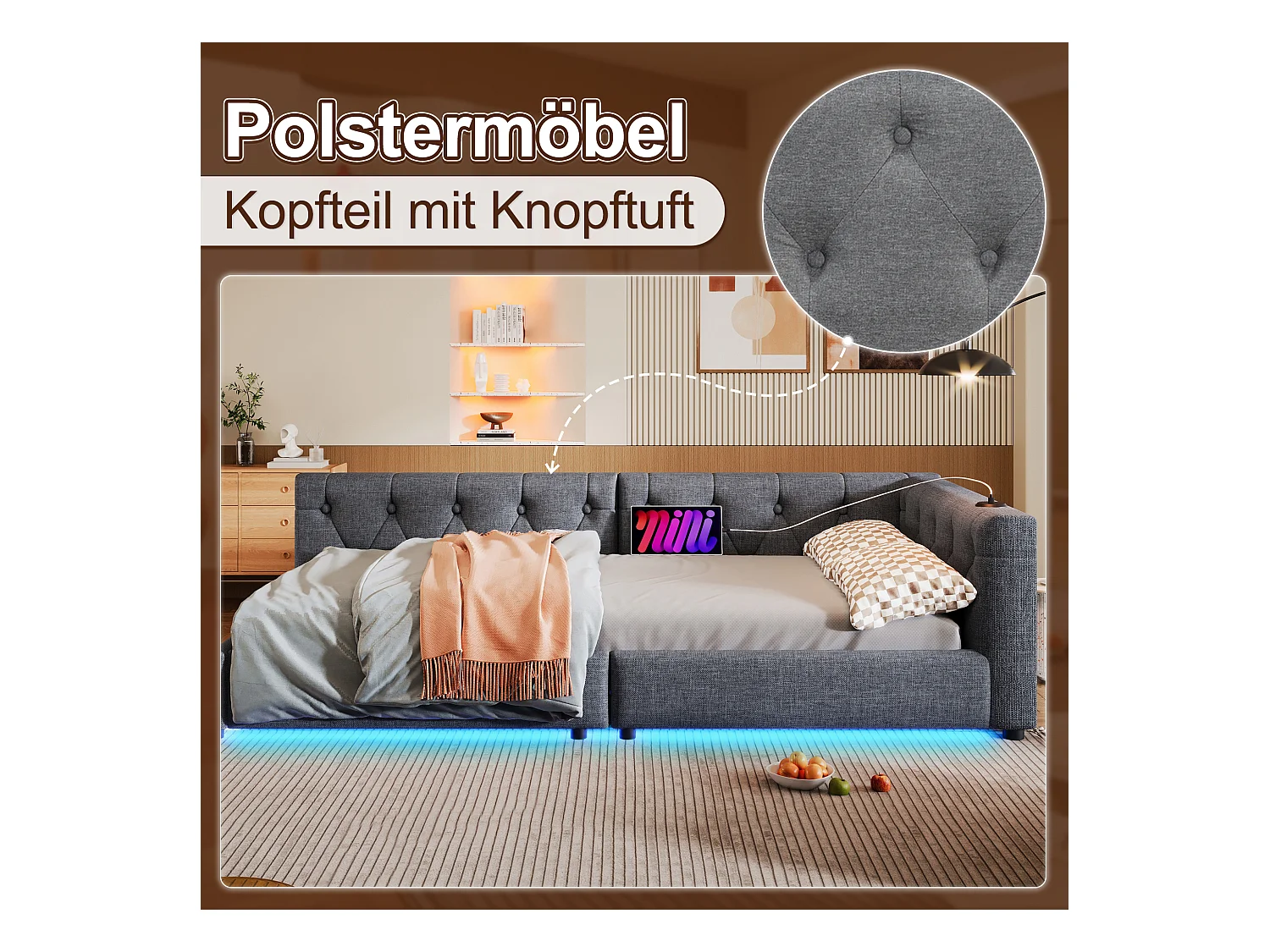 Canapé-lit enfant - 90 x 200 cm - avec sommier à lattes + Leds + tête de lit avec USB - lin - gris