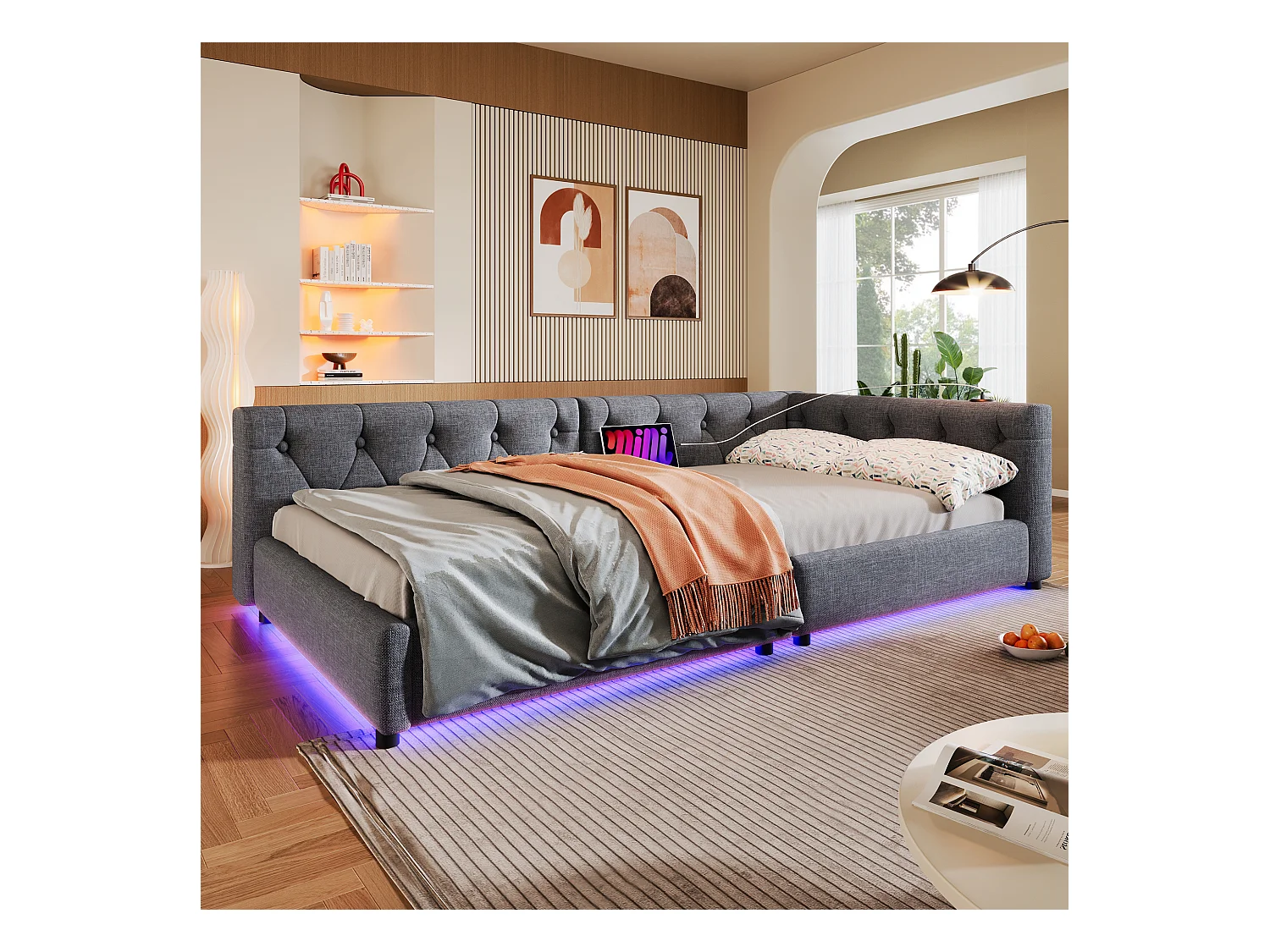 Canapé-lit enfant - 90 x 200 cm - avec sommier à lattes + Leds + tête de lit avec USB - lin - gris