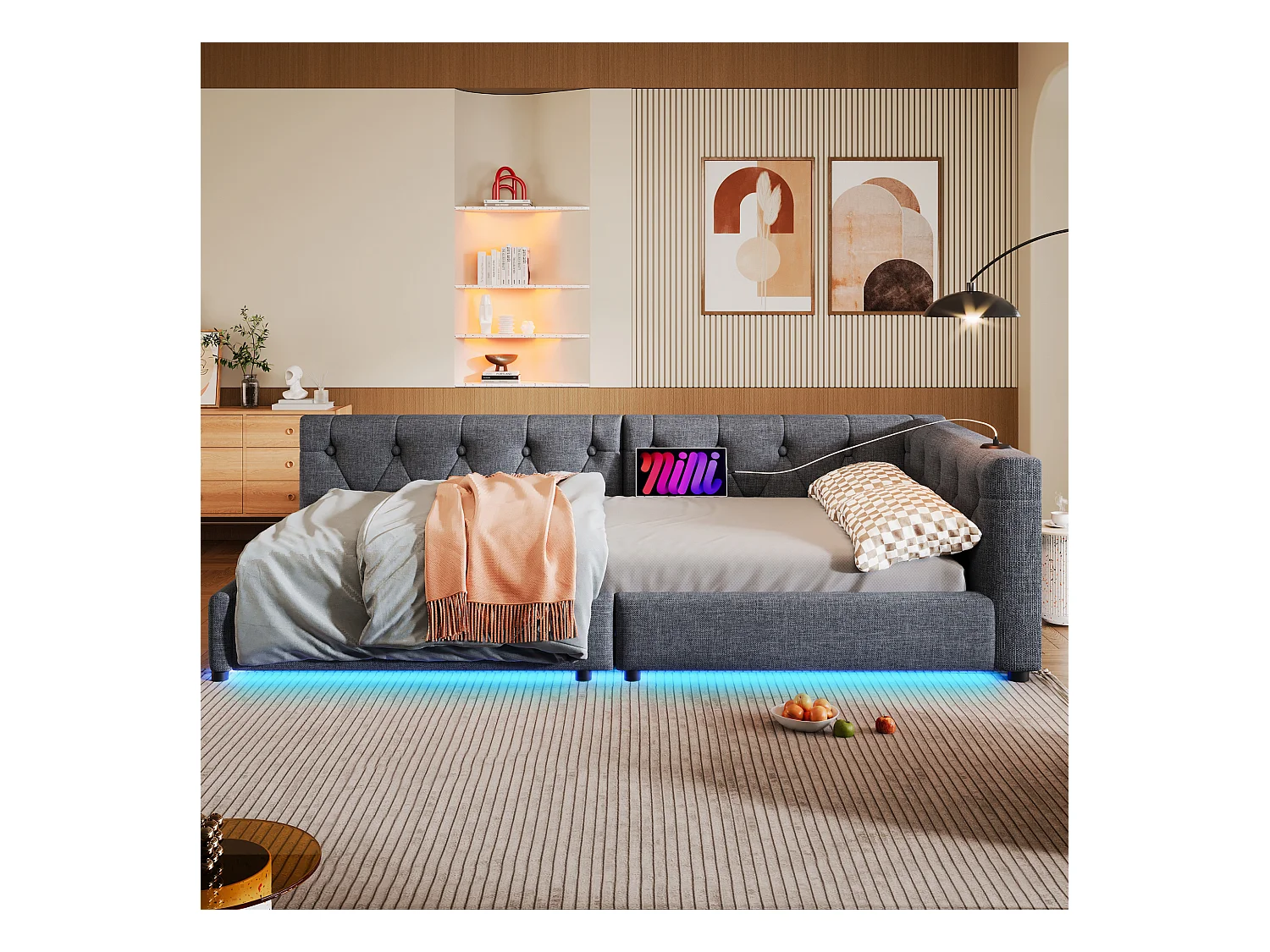 Canapé-lit enfant - 90 x 200 cm - avec sommier à lattes + Leds + tête de lit avec USB - lin - gris