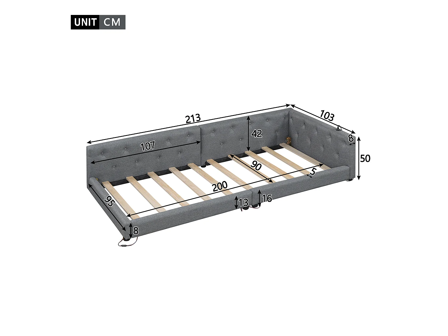 Canapé-lit enfant - 90 x 200 cm - avec sommier à lattes + Leds + tête de lit avec USB - lin - gris