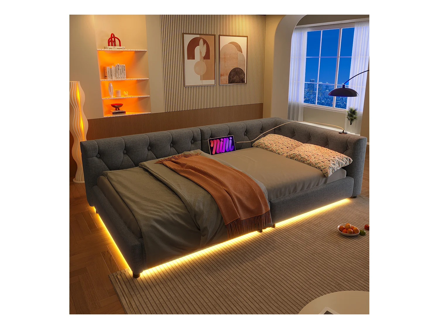 Kinderschlafsofa - 90 x 200 cm - mit Lattenrost + LEDs + Kopfteil mit USB - Leinen - Grau
