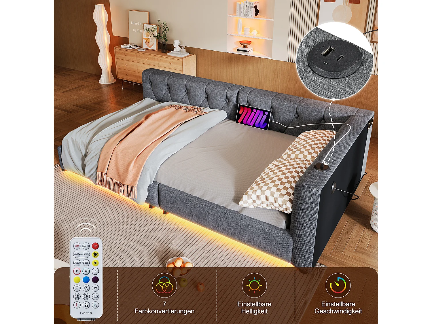 Kinderschlafsofa - 90 x 200 cm - mit Lattenrost + LEDs + Kopfteil mit USB - Leinen - Grau