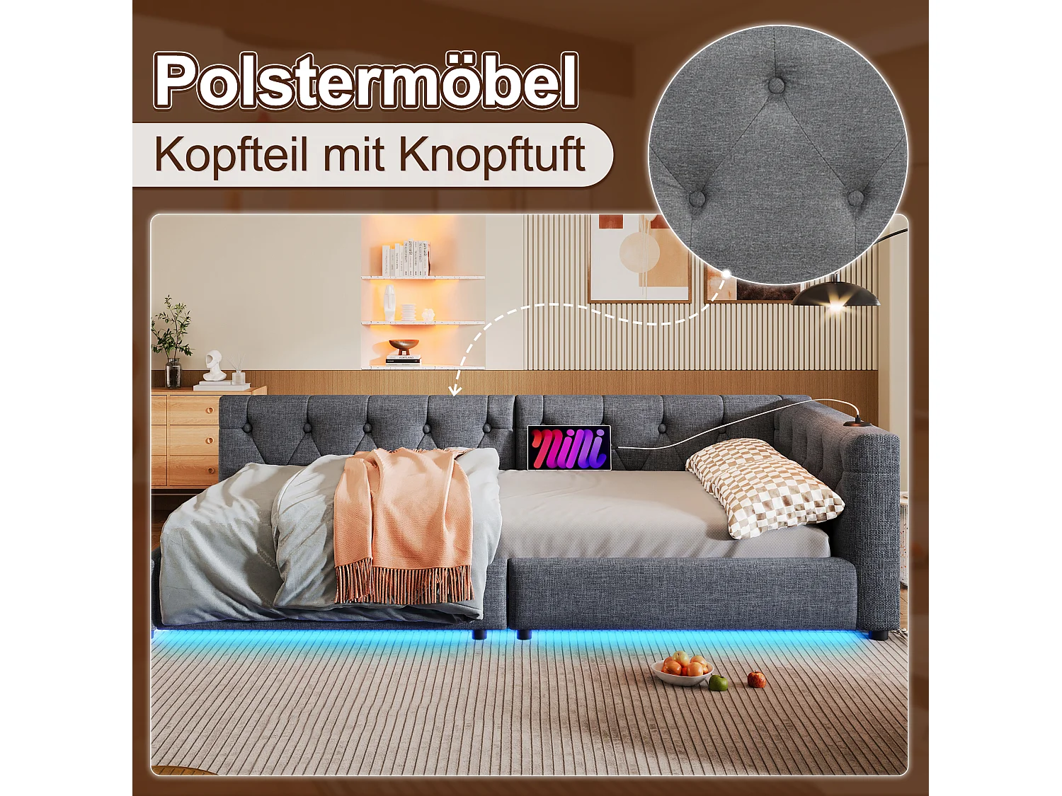 Kinderschlafsofa - 90 x 200 cm - mit Lattenrost + LEDs + Kopfteil mit USB - Leinen - Grau