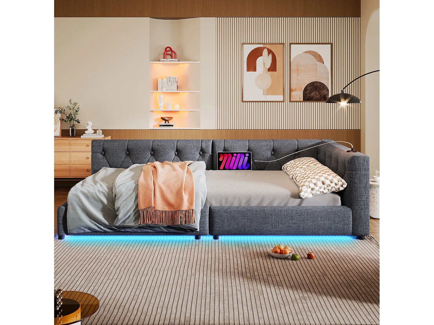 Kinderschlafsofa - 90 x 200 cm - mit Lattenrost + LEDs + Kopfteil mit USB - Leinen - Grau