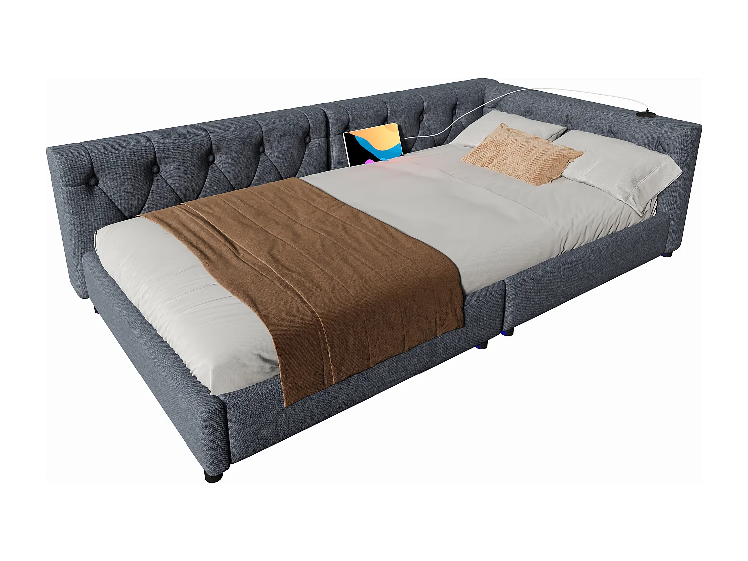 Kinderschlafsofa - 90 x 200 cm - mit Lattenrost + LEDs + Kopfteil mit USB - Leinen - Grau