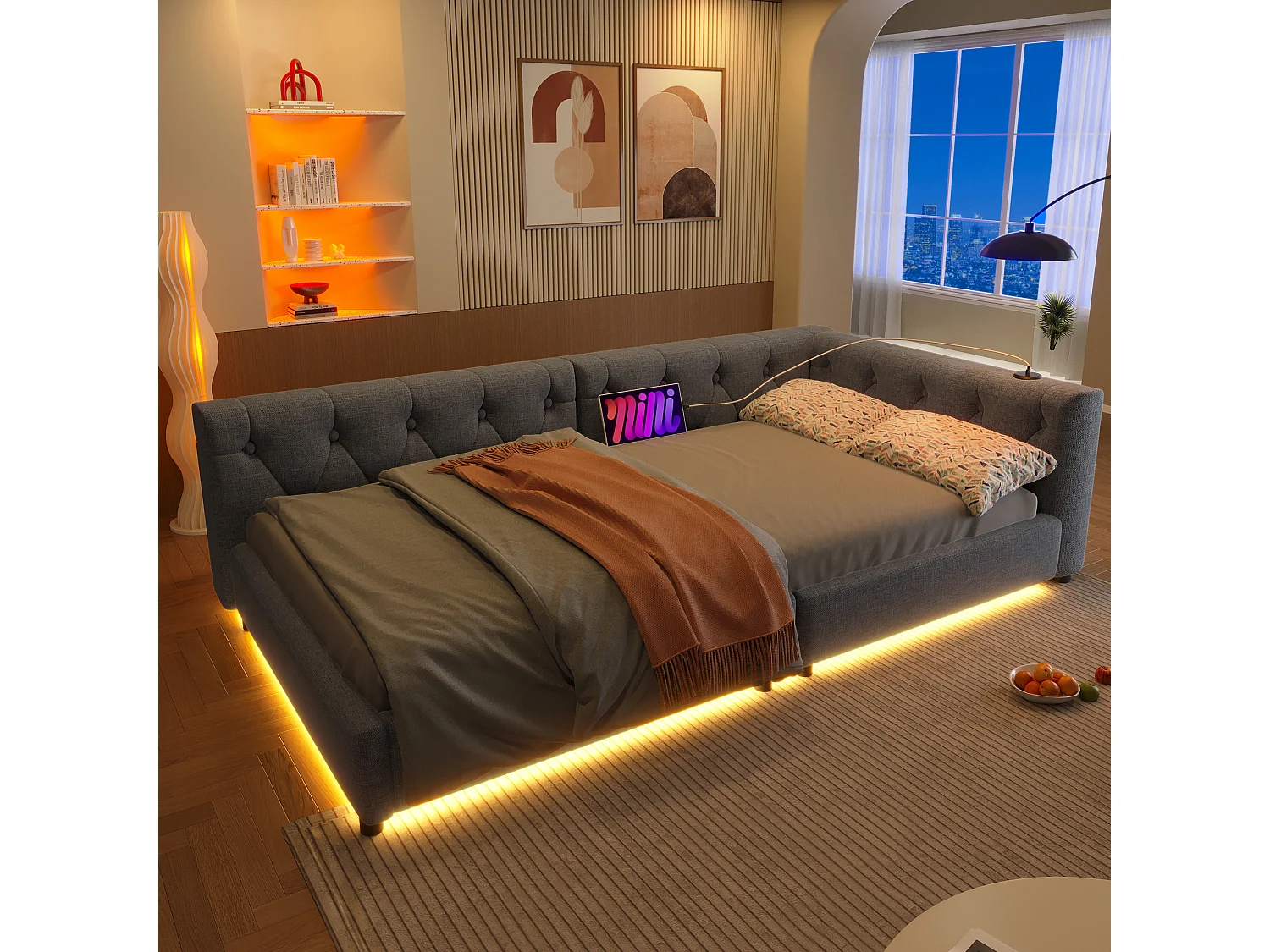 Canapé-lit enfant - 90 x 200 cm - avec sommier à lattes + Leds + tête de lit avec USB - lin - gris