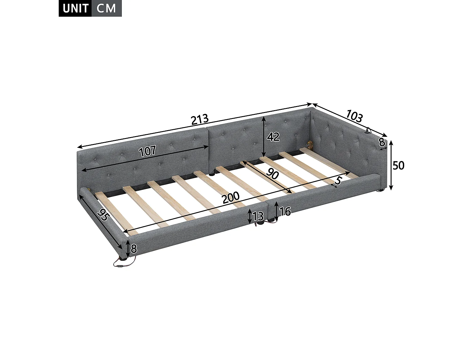 Canapé-lit enfant - 90 x 200 cm - avec sommier à lattes + Leds + tête de lit avec USB - lin - gris