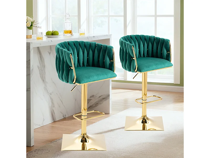 Lot de 2 tabourets de bar avec dossier et repose-pieds - 53 x 51 x 87/105 - hauteur réglable - velours - vert