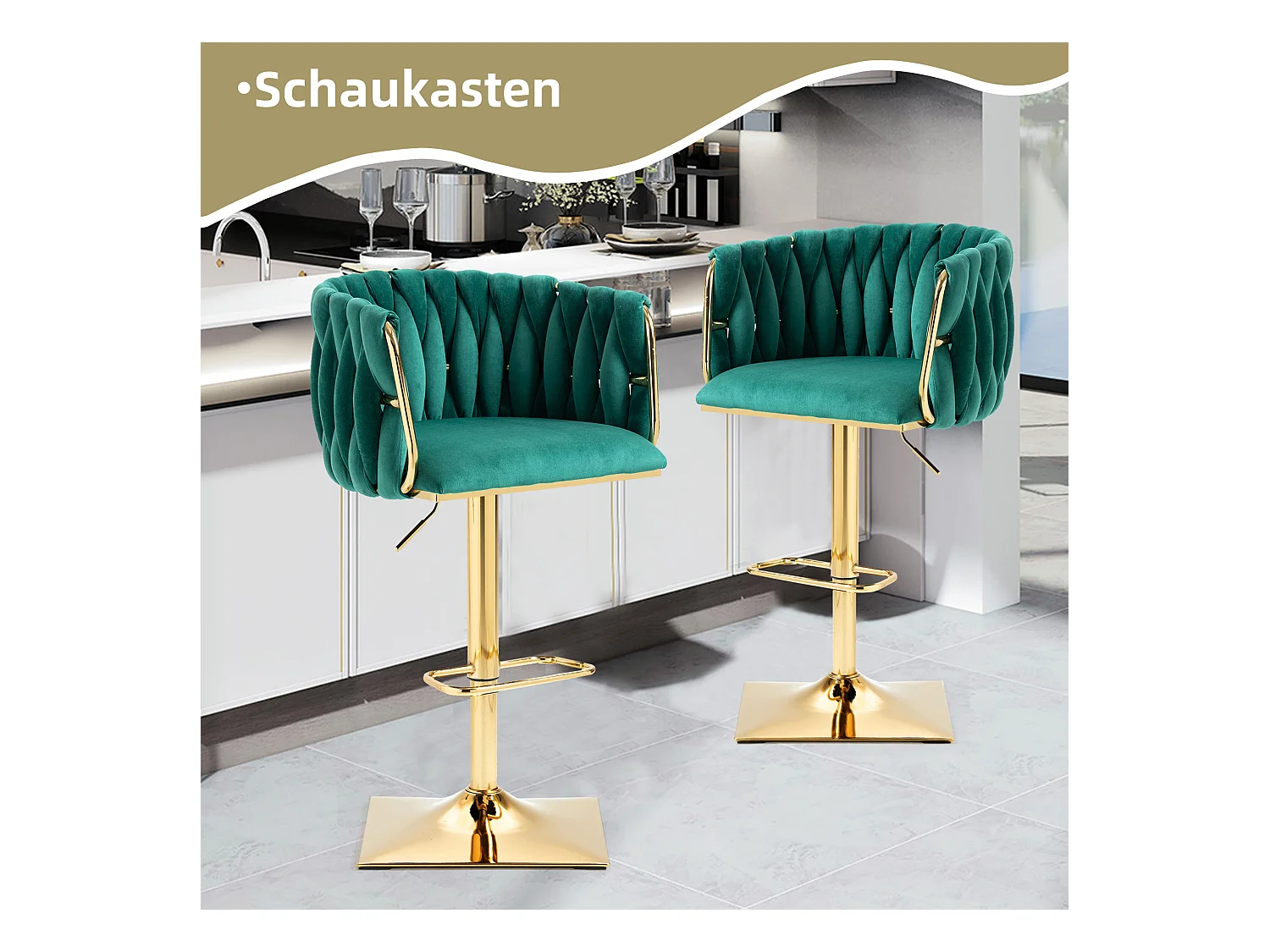 Lot de 2 tabourets de bar avec dossier et repose-pieds - 53 x 51 x 87/105 - hauteur réglable - velours - vert