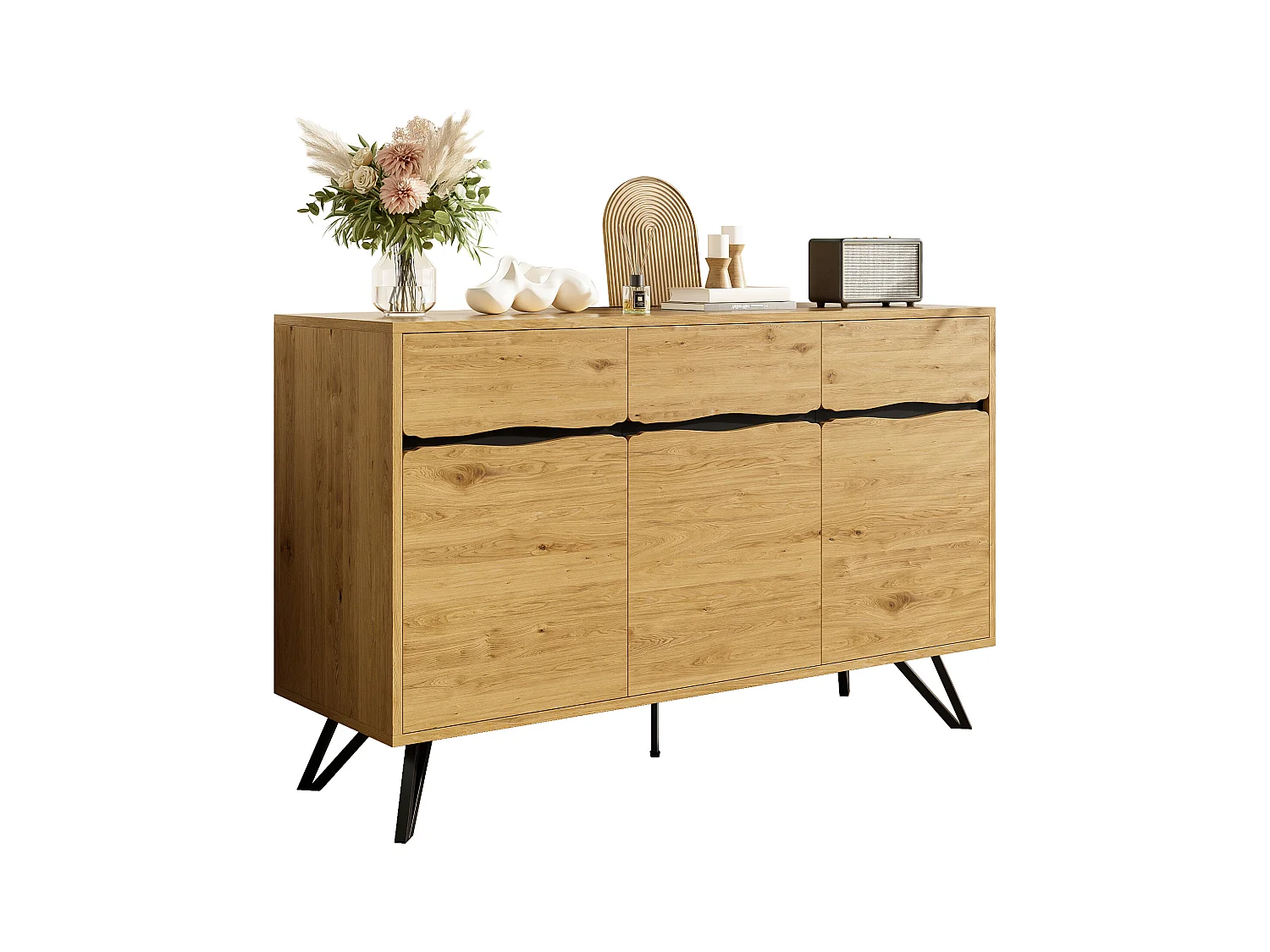 Buffet avec 3 portes - 140 x 40 x 75.5 cm - pour salon et salle à manger - aggloméré - naturel