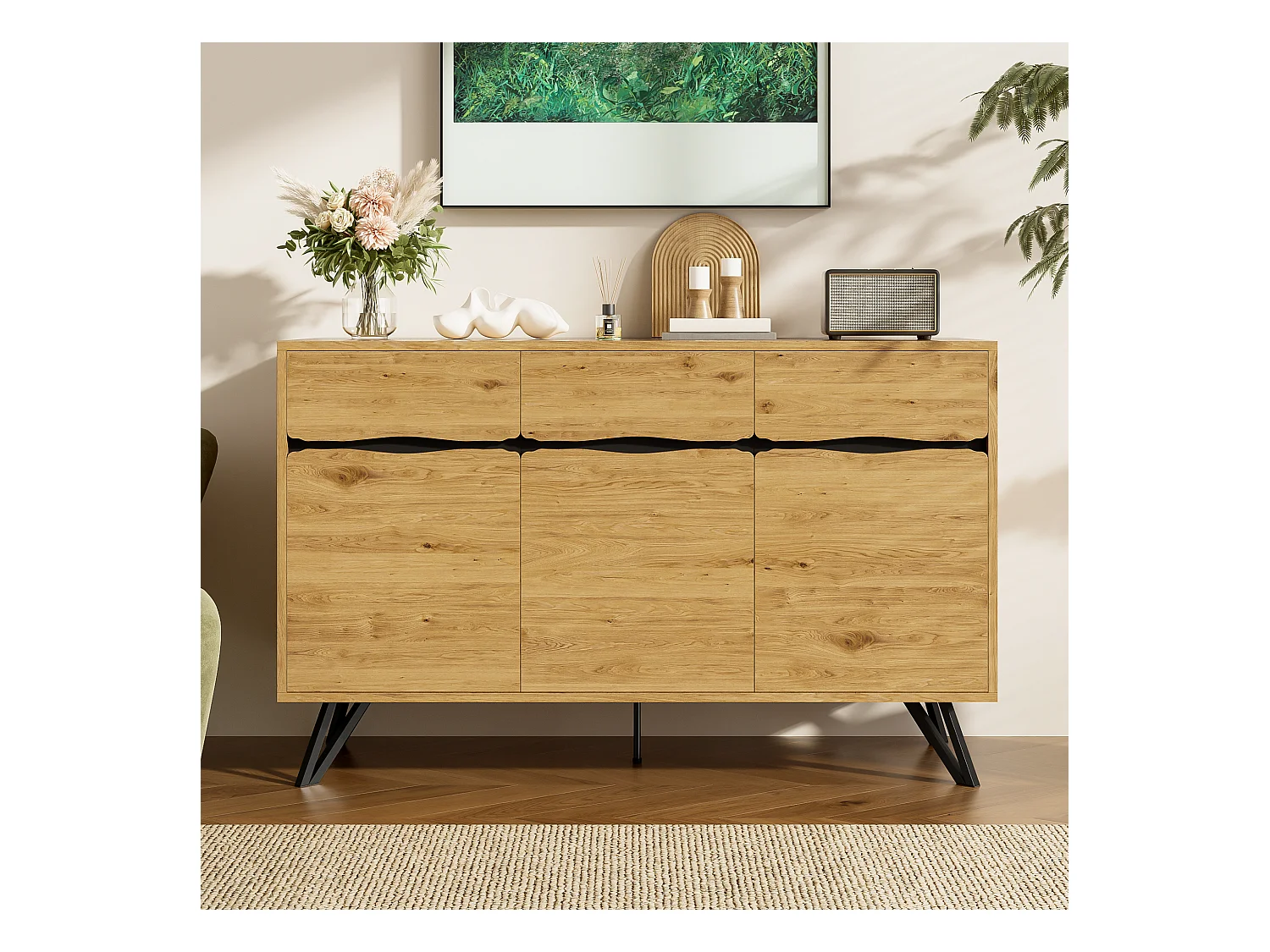 Buffet avec 3 portes - 140 x 40 x 75.5 cm - pour salon et salle à manger - aggloméré - naturel