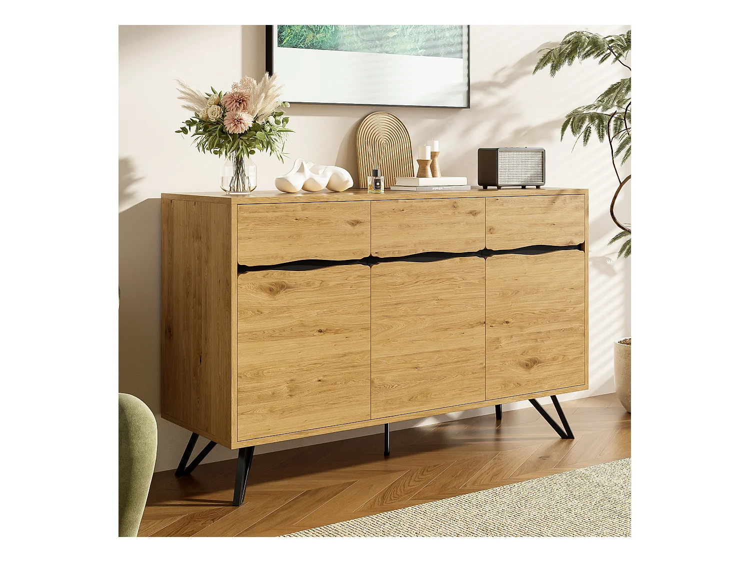 Dressoir met 3 deuren - 140 x 40 x 75,5 cm - voor woonkamer en eetkamer - spaanplaat - naturel