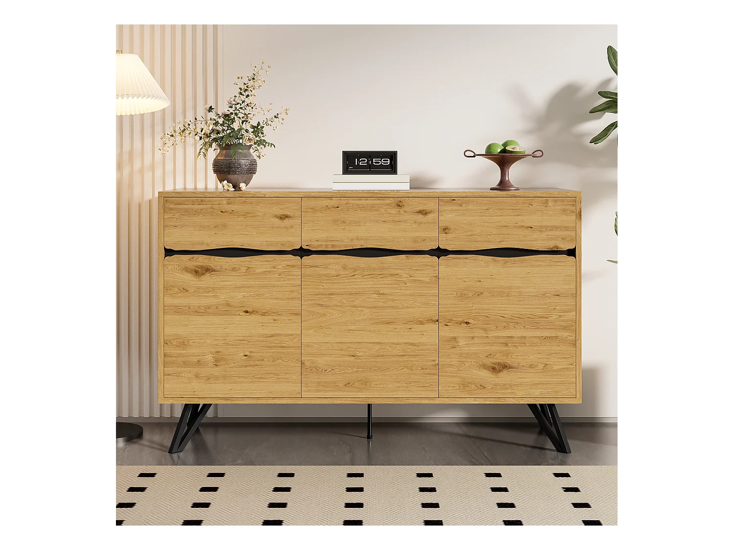 Buffet avec 3 portes - 140 x 40 x 75.5 cm - pour salon et salle à manger - aggloméré - naturel