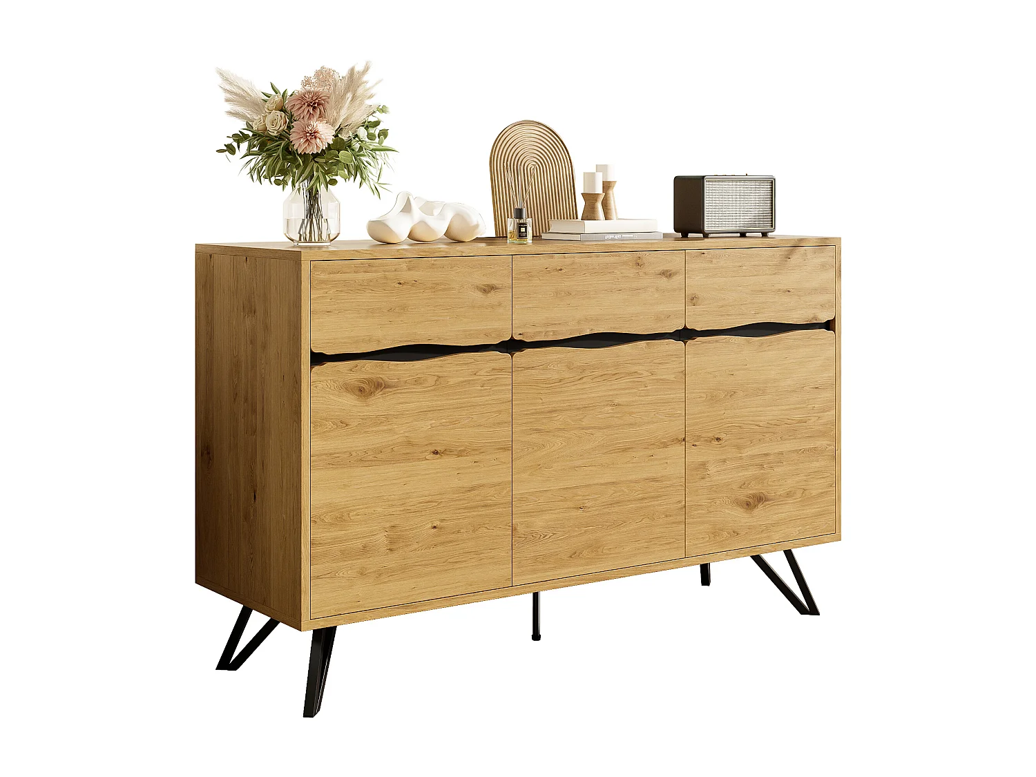 Buffet avec 3 portes - 140 x 40 x 75.5 cm - pour salon et salle à manger - aggloméré - naturel