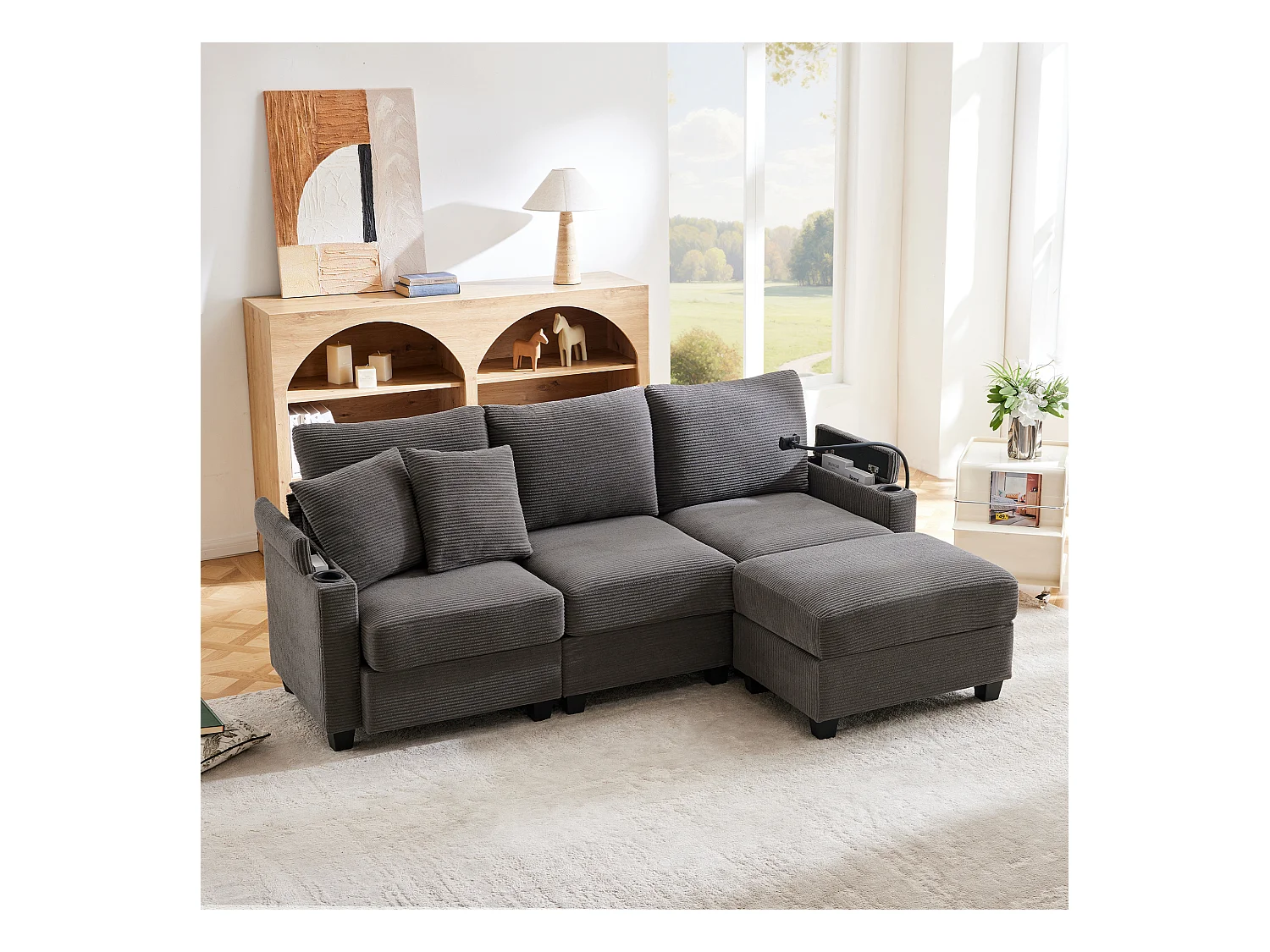 Canapé 3 places avec repose-pieds - 213.5 x 139 x 87 cm - avec 2 oreillers - velours - gris foncé