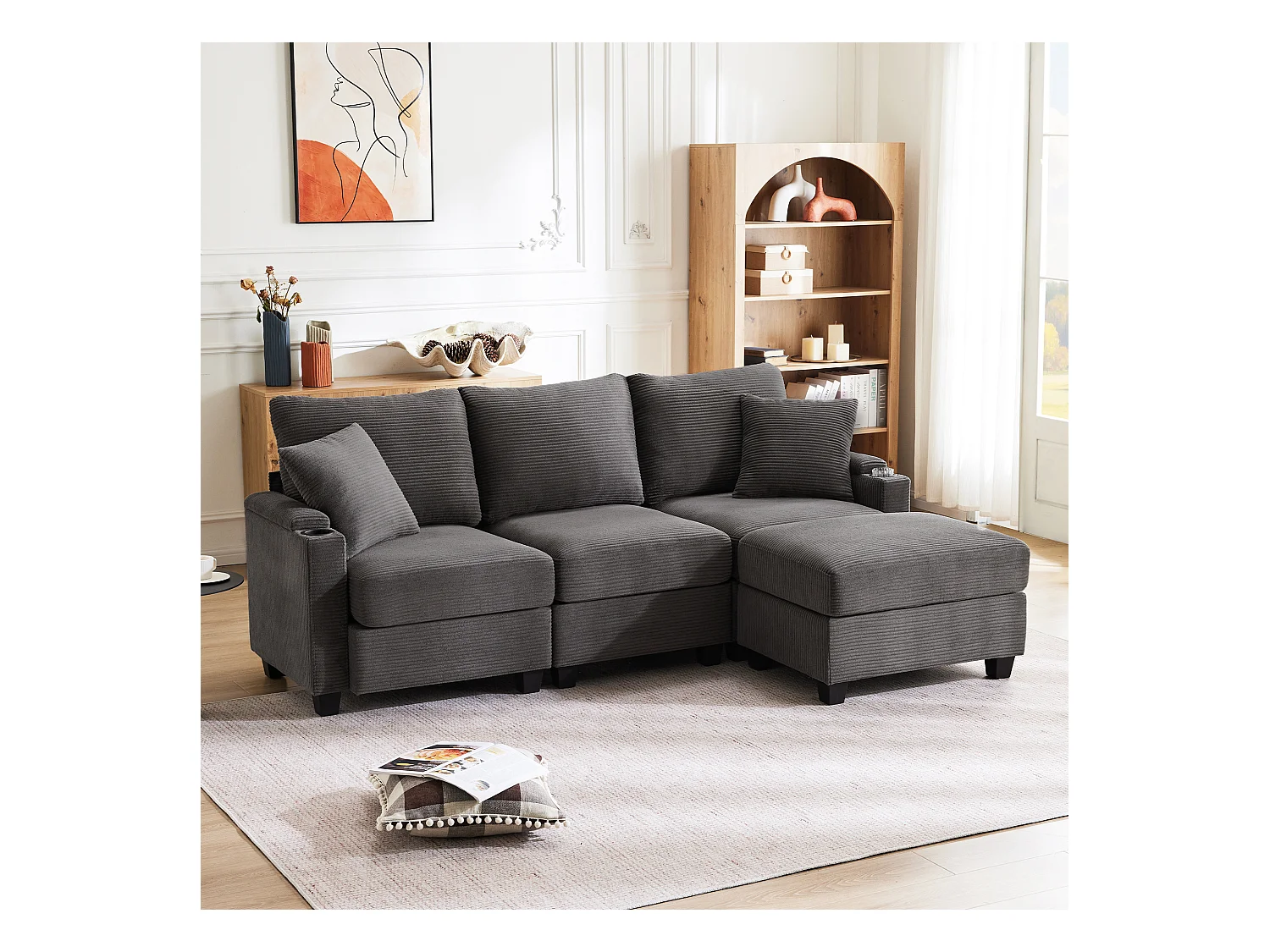 Canapé 3 places avec repose-pieds - 213.5 x 139 x 87 cm - avec 2 oreillers - velours - gris foncé