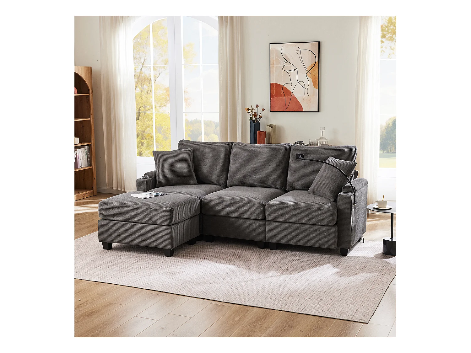 Canapé 3 places avec repose-pieds - 213.5 x 139 x 87 cm - avec 2 oreillers - velours - gris foncé