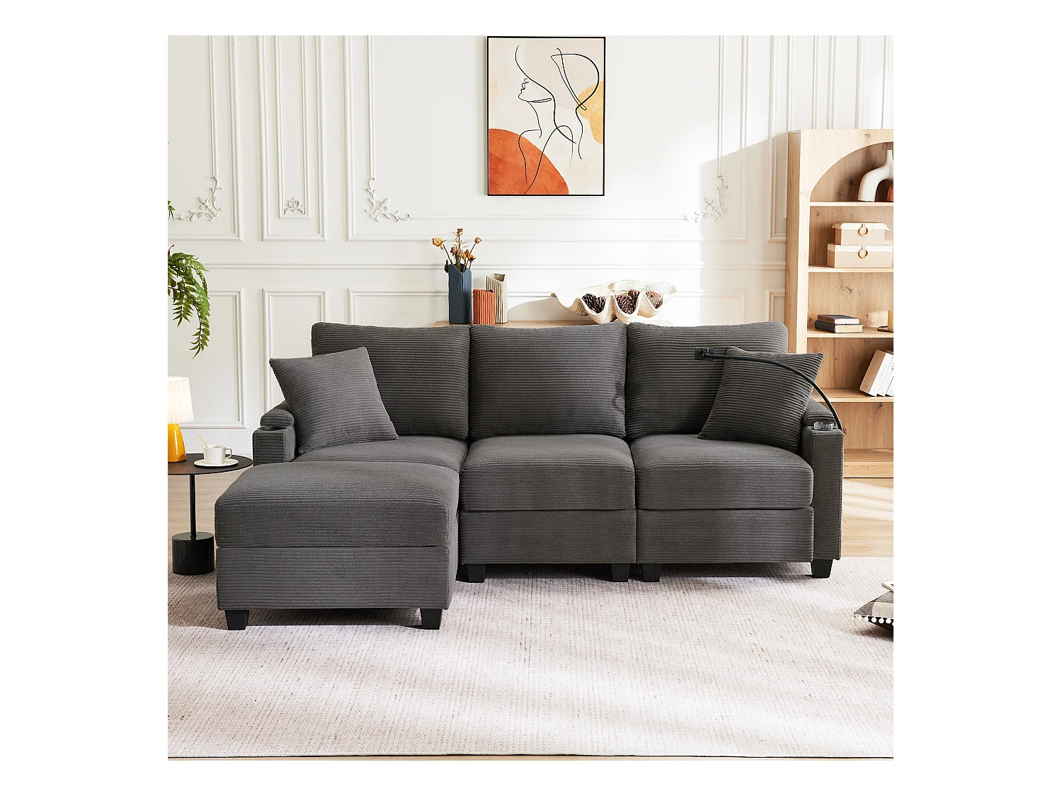 Canapé 3 places avec repose-pieds - 213.5 x 139 x 87 cm - avec 2 oreillers - velours - gris foncé