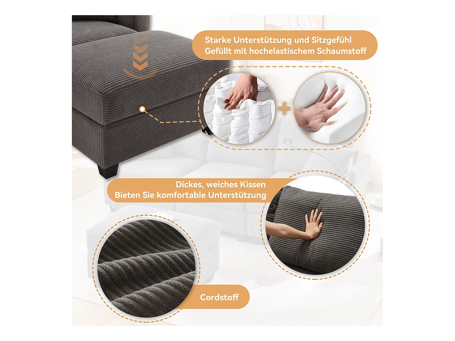 Canapé 3 places avec repose-pieds - 213.5 x 139 x 87 cm - avec 2 oreillers - velours - gris foncé