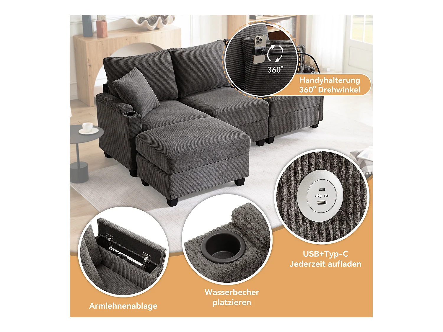 Canapé 3 places avec repose-pieds - 213.5 x 139 x 87 cm - avec 2 oreillers - velours - gris foncé