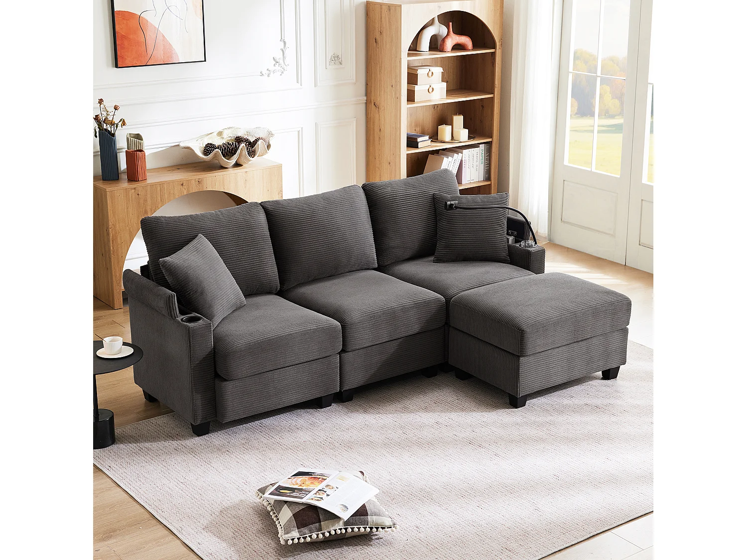 Divano 3 posti con poggiapiedi - 213,5 x 139 x 87 cm - con 2 cuscini - velluto - grigio scuro