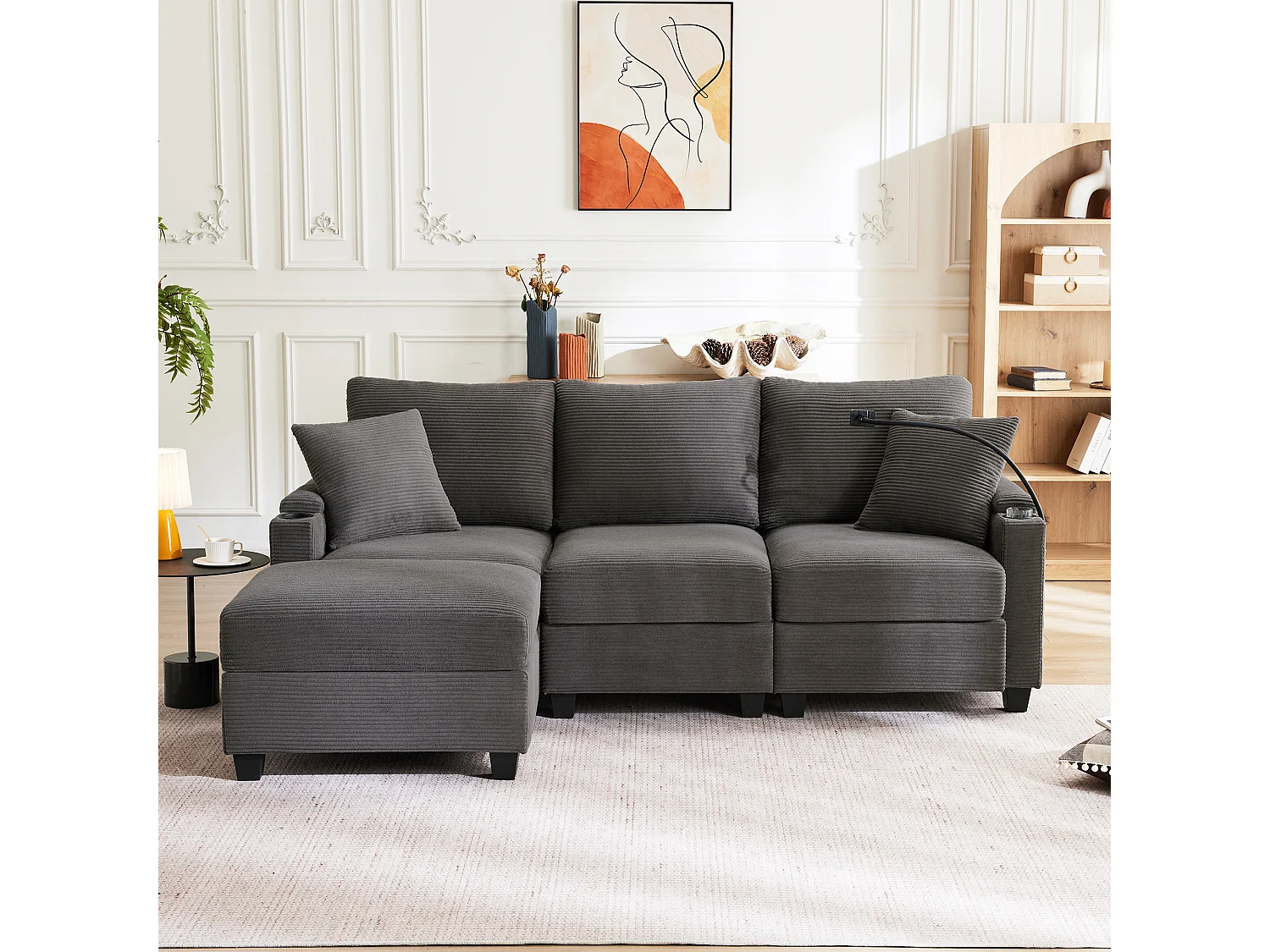 Divano 3 posti con poggiapiedi - 213,5 x 139 x 87 cm - con 2 cuscini - velluto - grigio scuro