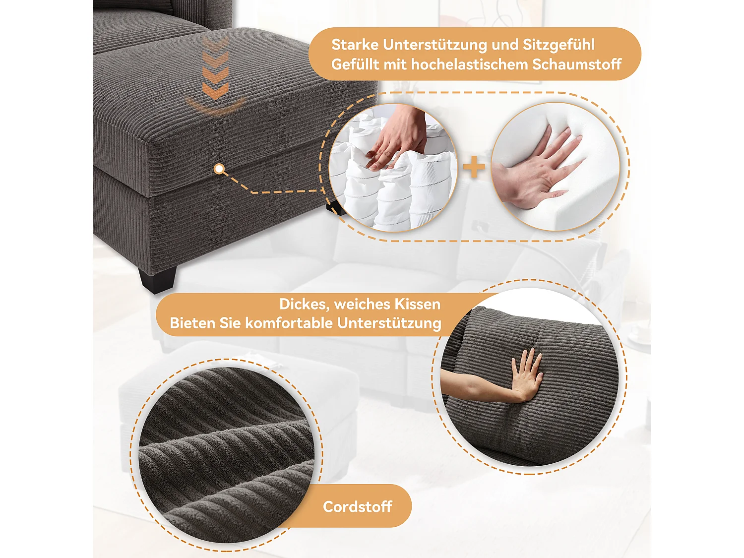 Divano 3 posti con poggiapiedi - 213,5 x 139 x 87 cm - con 2 cuscini - velluto - grigio scuro