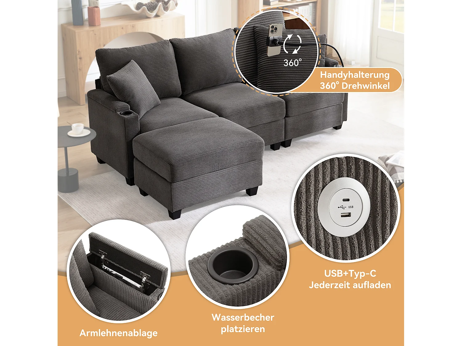 Divano 3 posti con poggiapiedi - 213,5 x 139 x 87 cm - con 2 cuscini - velluto - grigio scuro