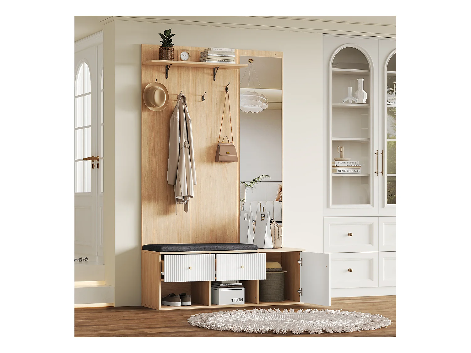 Vestiaire avec miroir - 120 x 40 x 200 cm - avec banc et meuble à chaussures + 2 tiroir + patères - MDF - naturel