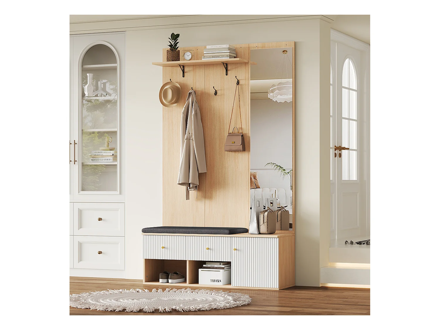 Vestiaire avec miroir - 120 x 40 x 200 cm - avec banc et meuble à chaussures + 2 tiroir + patères - MDF - naturel