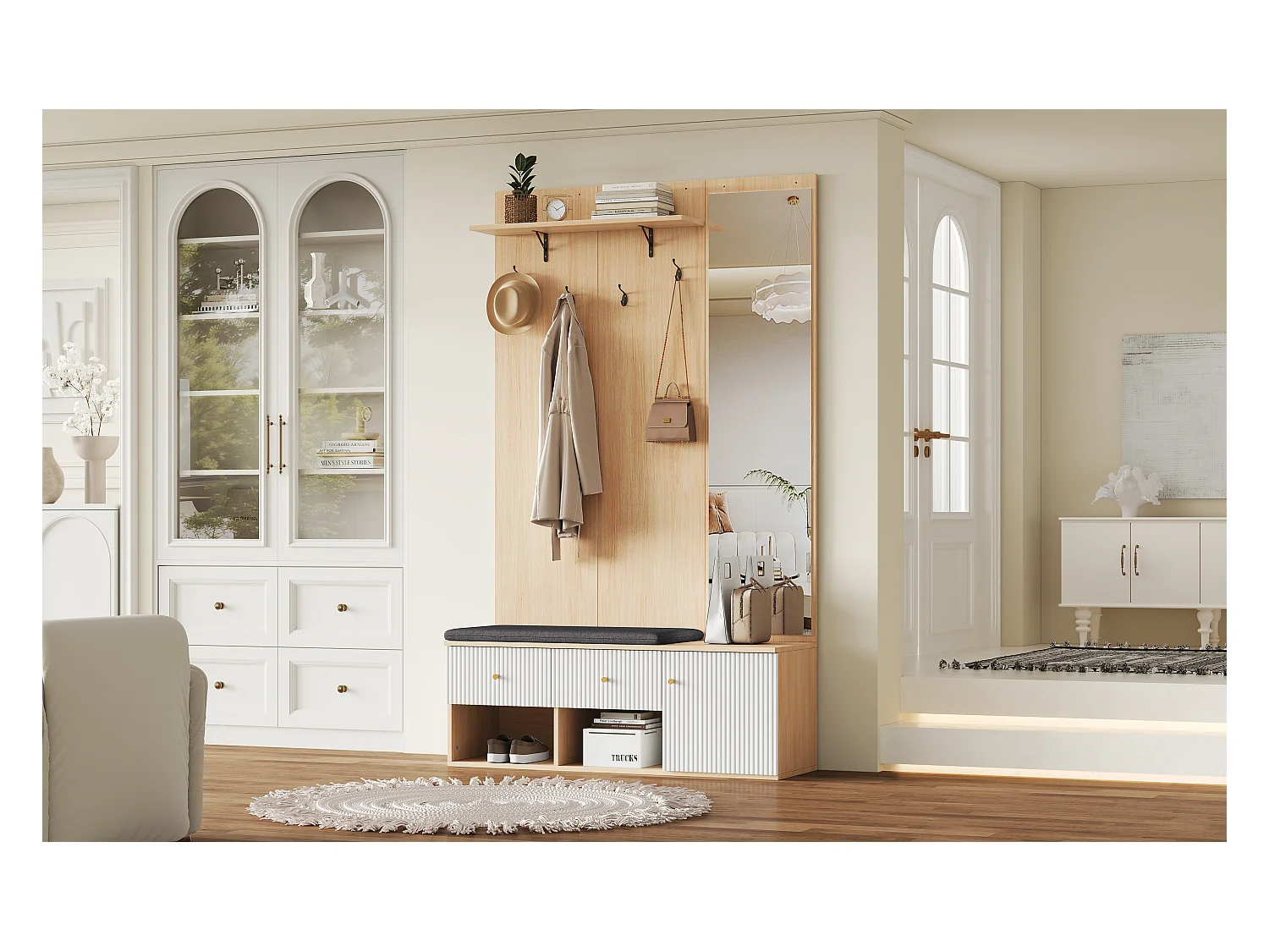 Vestiaire avec miroir - 120 x 40 x 200 cm - avec banc et meuble à chaussures + 2 tiroir + patères - MDF - naturel