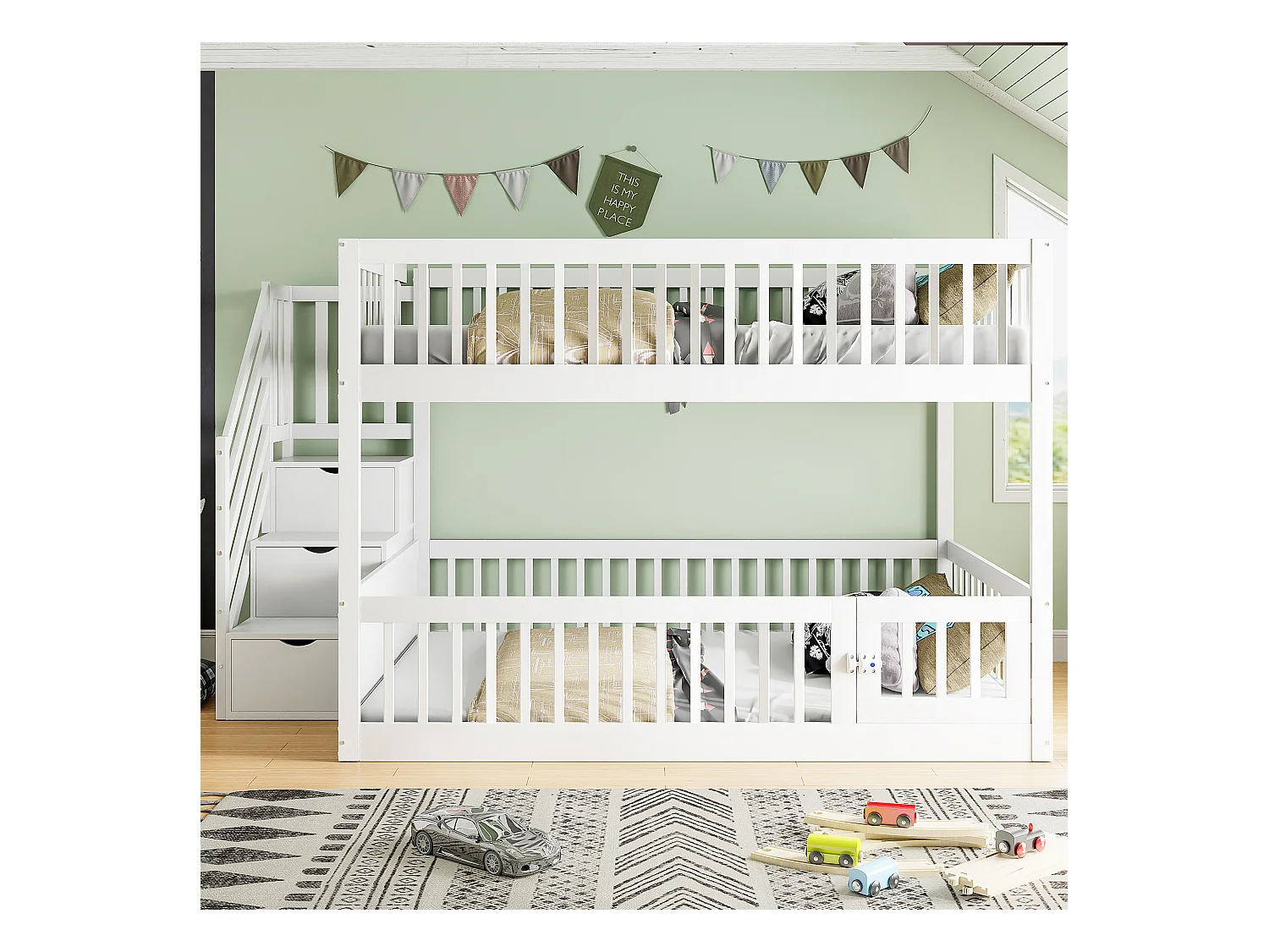 Lit superposés enfant - 2 x 140 x 200 - avec escalier de rangement + barrières - bois - blanc